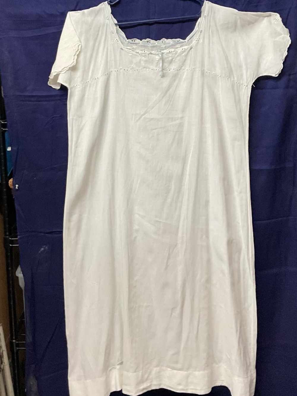 Antique Nightgown, White cotton w/blue ribbon trim, large